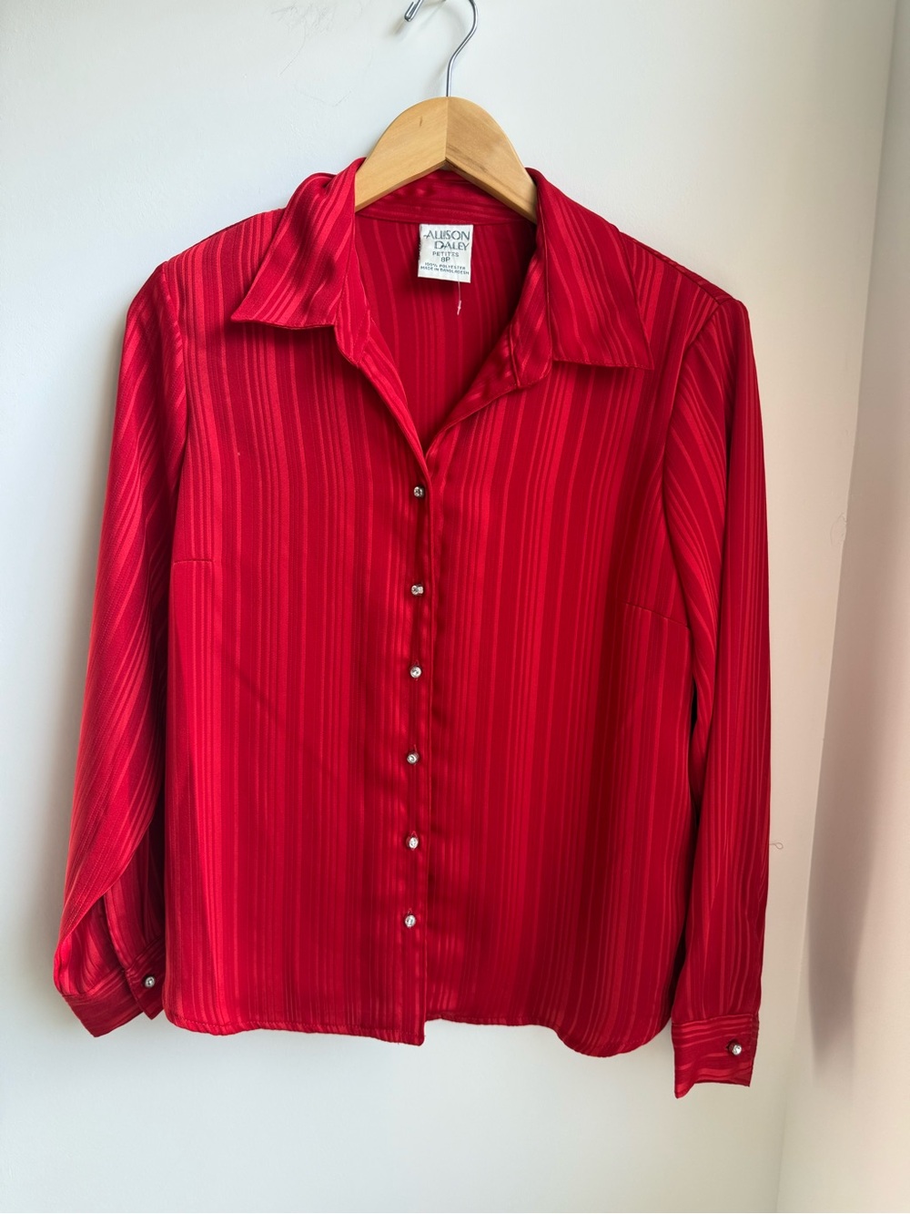 Allison Daley Crimson Red Striped Satin Button-Down Blouse